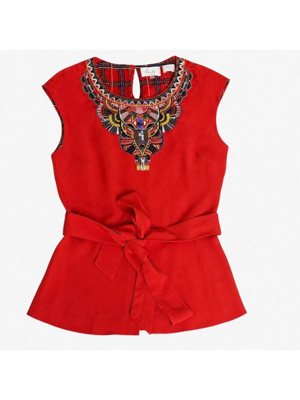 Camilla Bead Embellished Embroidered Crepe Peplum Top Red Orange Size 8
